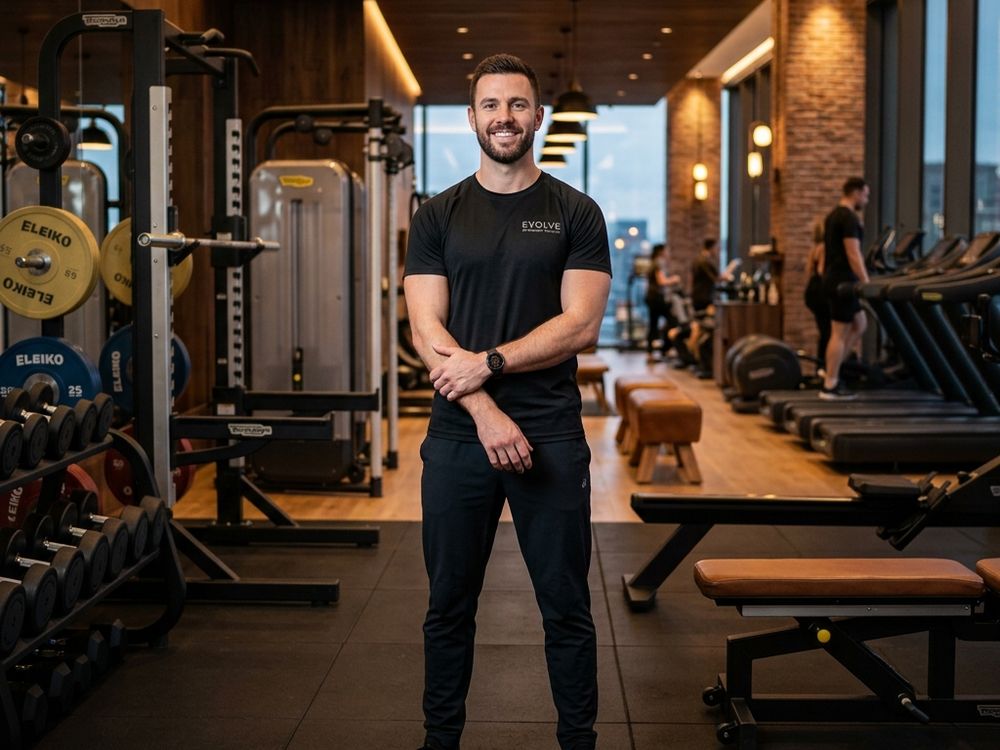 High-end personal training gym showing a male coach assisting client
