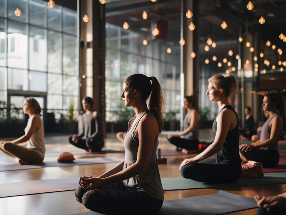 Light-filled yoga studio ready for class sessions
